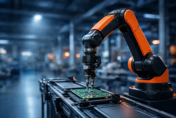 Orange industrial robot arm assembling a circuit board on a factory conveyor