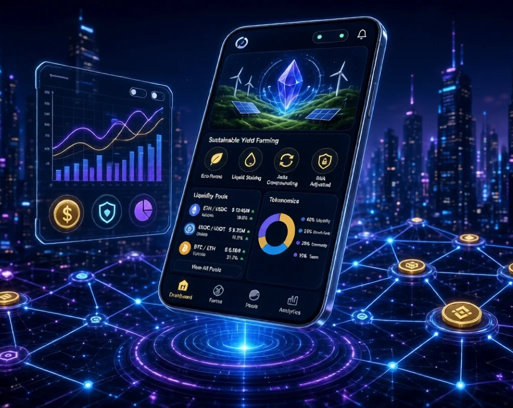 Smartphone displaying sustainable DeFi 2.0 dashboard with yield farming and tokenomics in a neon cyber city