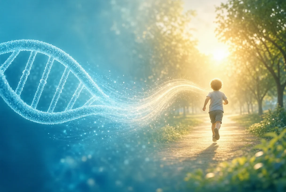 Glowing DNA helix transforming into light path toward running child in sunny park