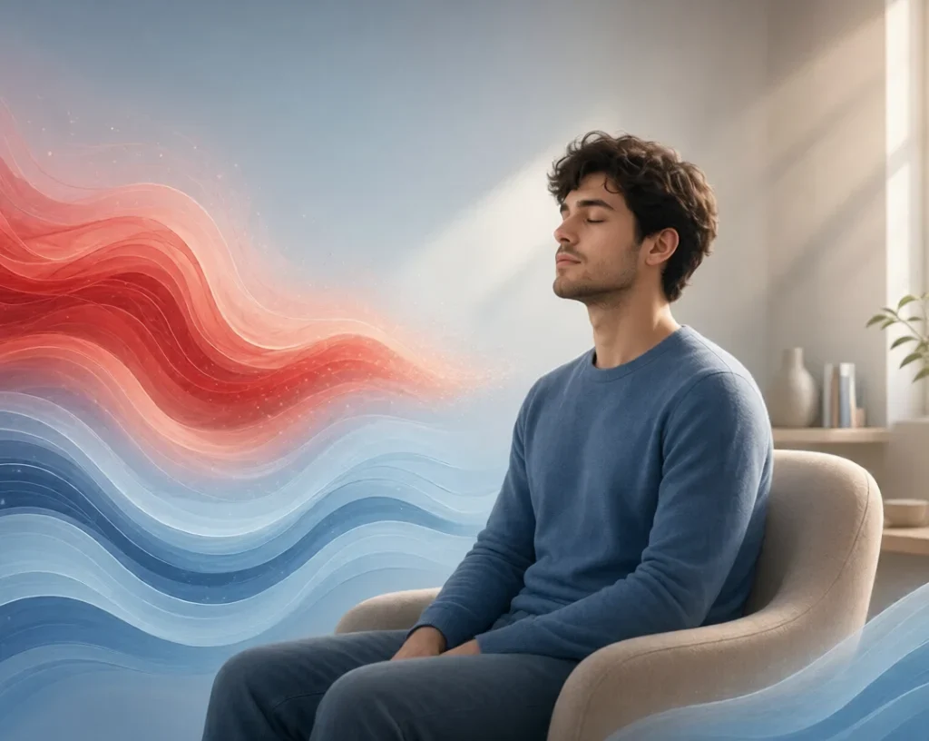 Anger Issue:Young man sitting peacefully in a chair with eyes closed, practicing deep breathing as red waves of anger dissolve into calm blue waves