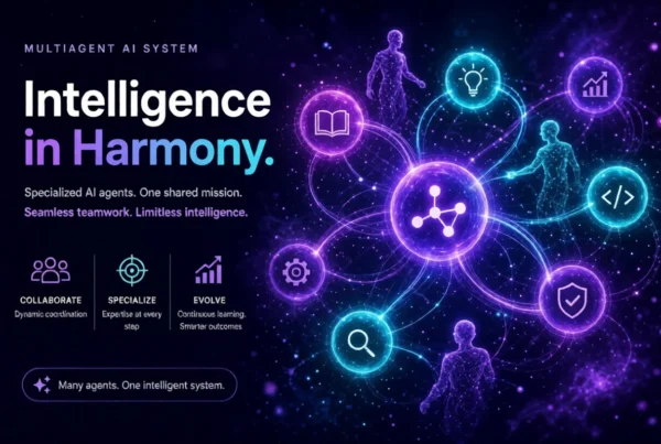 Abstract multiagent AI system with holographic agents in purple neon network