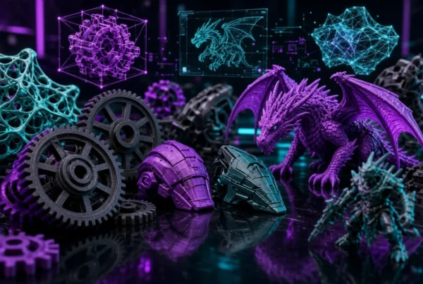 Assortment of detailed 3D printed gears, dragon figurine, and armor pieces with neon holograms