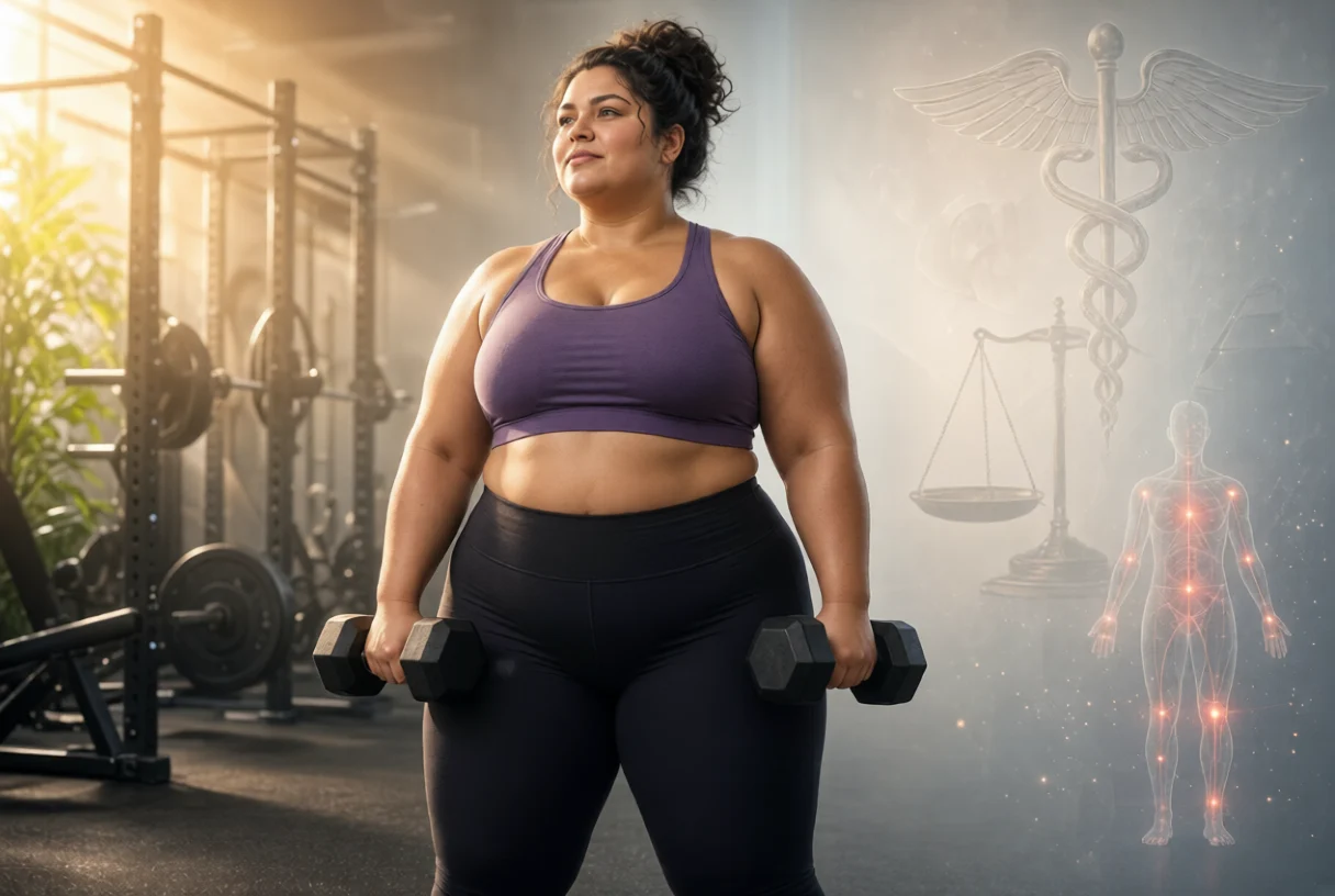 Confident plus-size woman lifting dumbbells in gym with health symbols