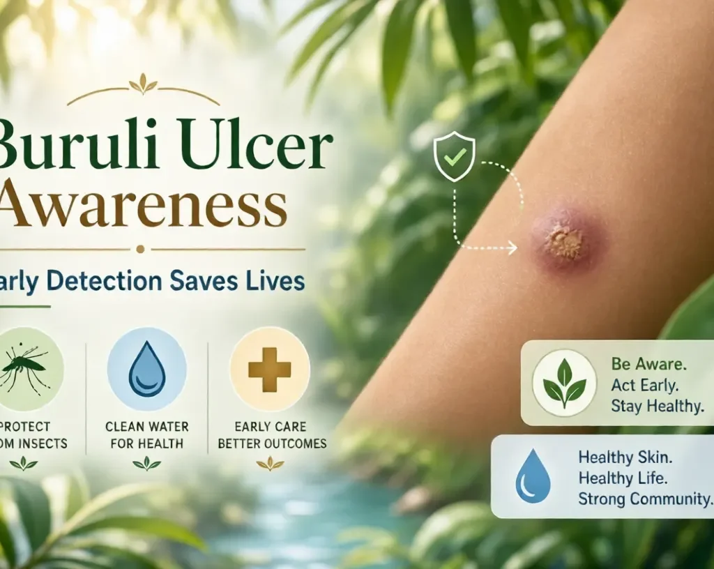 Buruli ulcer awareness graphic showing early skin lesion with prevention icons