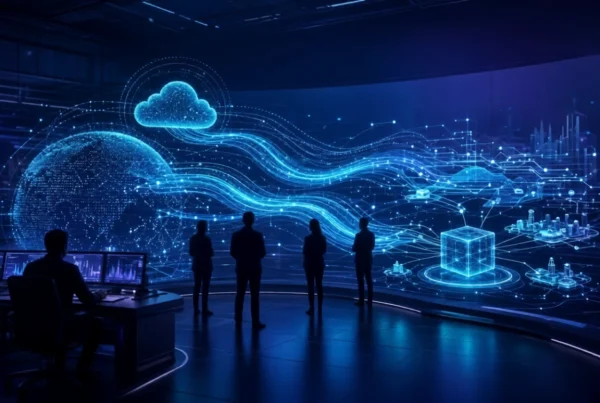 Professionals viewing holographic intelligent operations dashboard