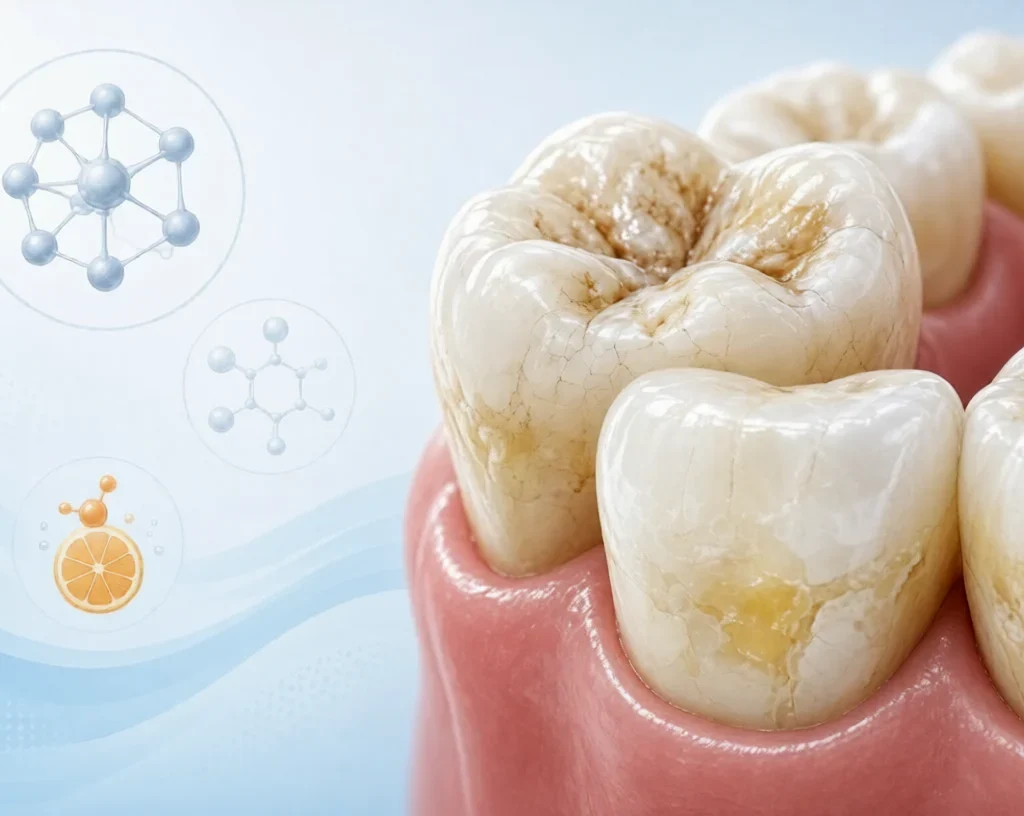 Nutritional Hypomineralization – Close-up of teeth showing nutritional hypomineralization with chalky yellow-brown enamel defects