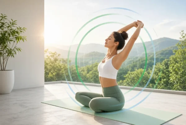 Woman stretching on balcony overlooking mountains with green focus rings