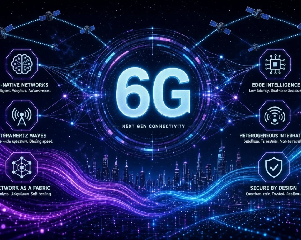 Next Gen Connectivity:Futuristic 6G network visualization with satellites, city skyline and six connectivity icons
