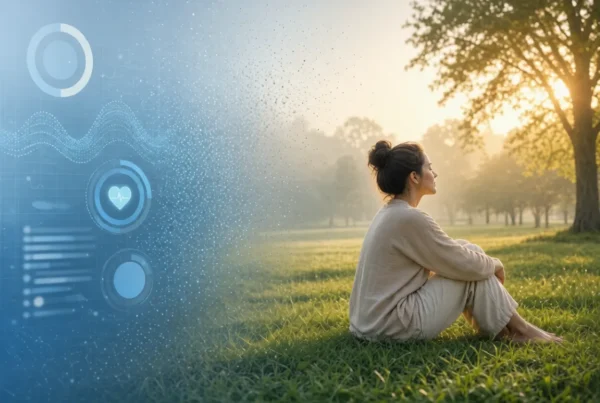 Digital health metrics fading into a woman sitting peacefully in a sunlit park
