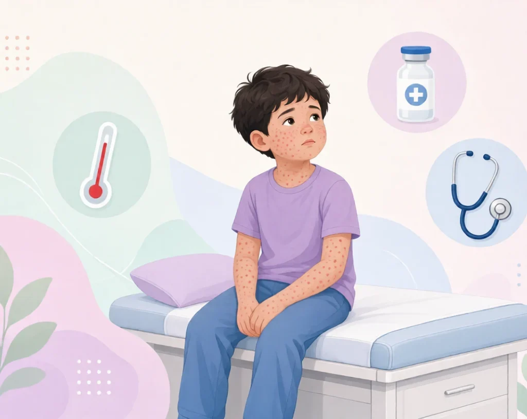 Measles Again?:Young child with measles rash sitting on medical exam table