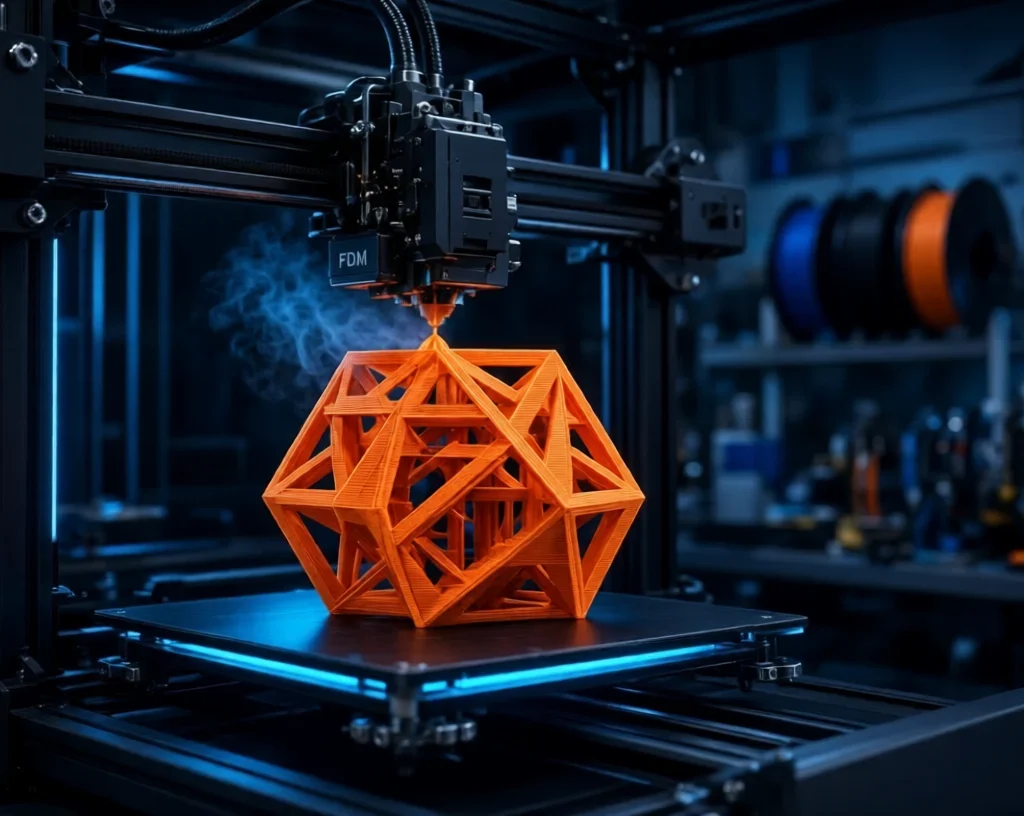 3D Printing:FDM 3D printer extruding orange filament to create a geometric lattice structure