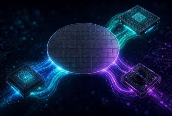 Silicon wafer connected to specialized chips for AI, imaging and computing applications