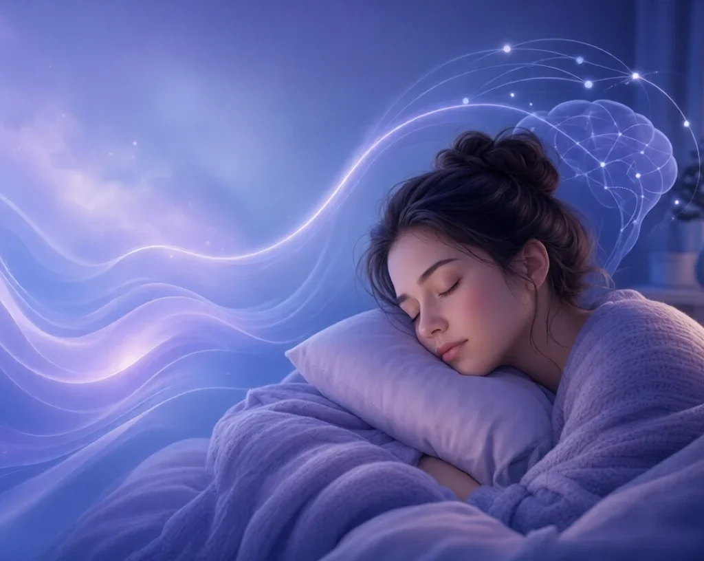  Migraine :Young woman sleeping peacefully with soft blue neural waves and brain glow