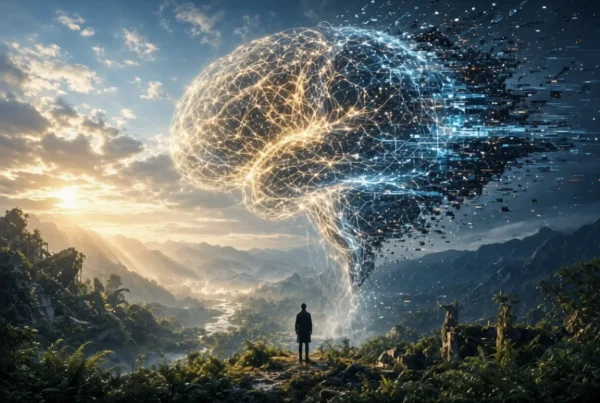 Lone human faces a massive glowing digital brain dissolving into data over a mountain landscape