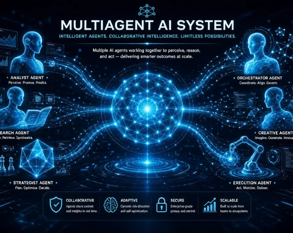 Multiagent Systems:Futuristic multiagent AI system with glowing agents around a central neural core