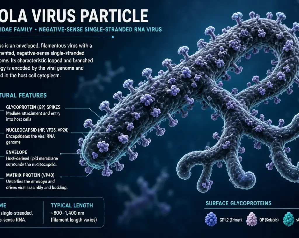 Detailed 3D illustration of the Ebola virus particle showing its filamentous structure and glycoprotein spikes
