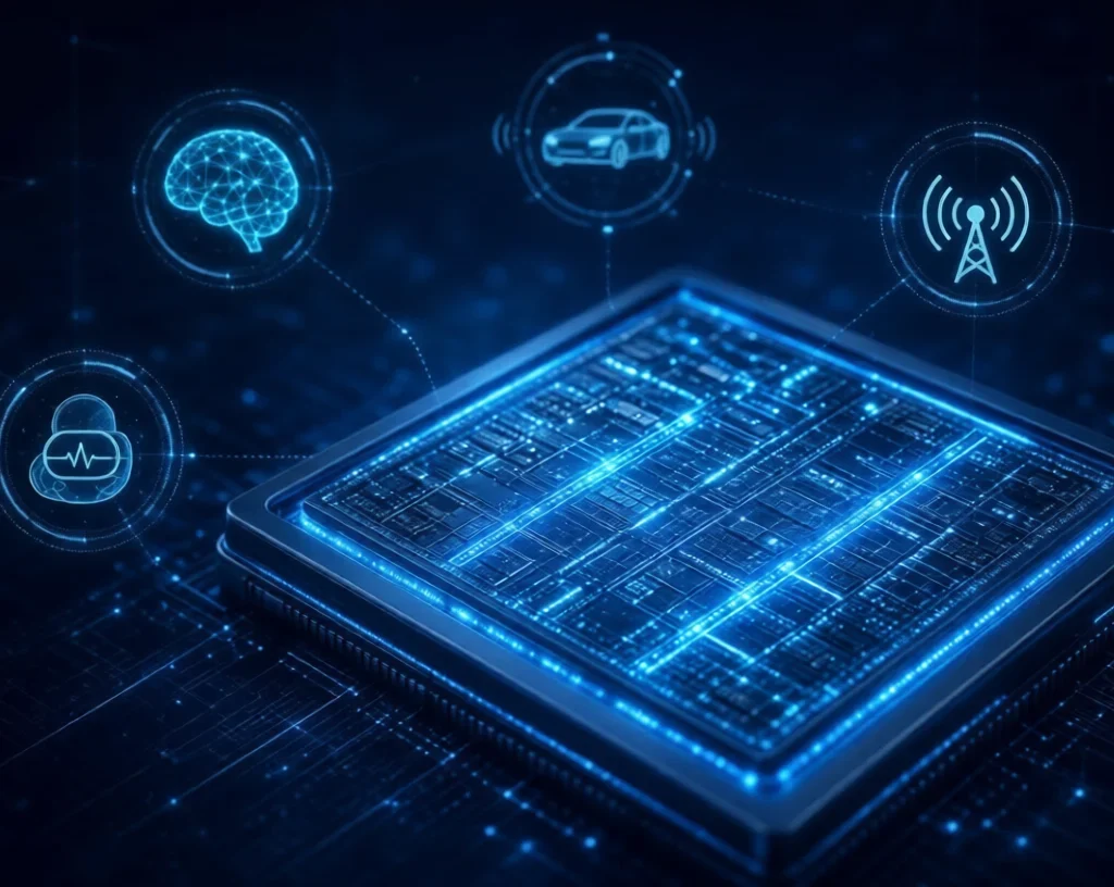 Application-Specific Semiconductors:Futuristic glowing blue ASIC chip with holographic icons for AI, automotive, 5G and medical applications
