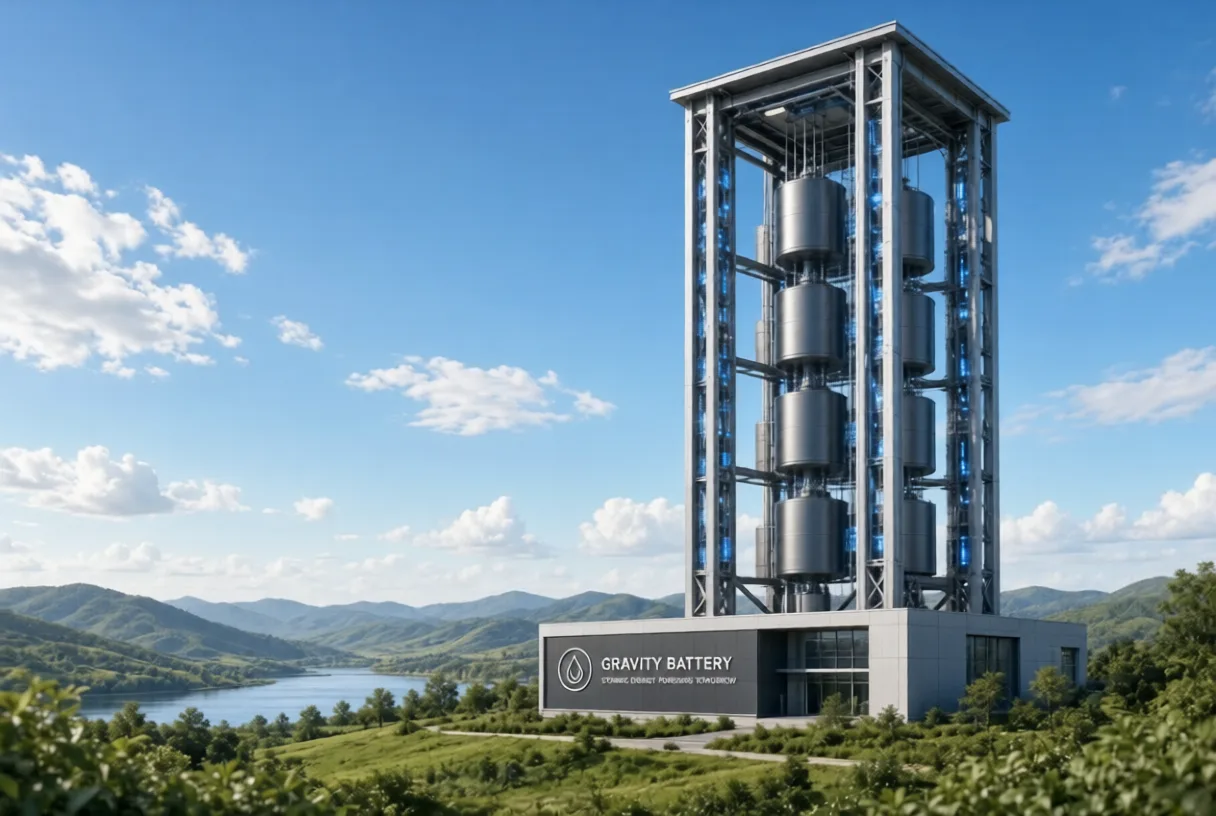Modern gravity battery tower with blue lights in green landscape