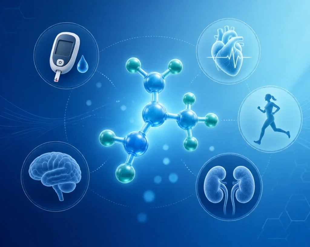 GLP 1 molecule surrounded by icons for diabetes, heart, brain, kidneys, and fitness
