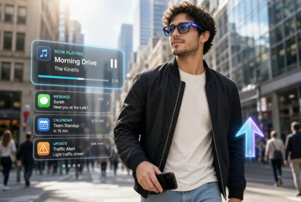 Man in black jacket using smart glasses with AR overlays on busy street