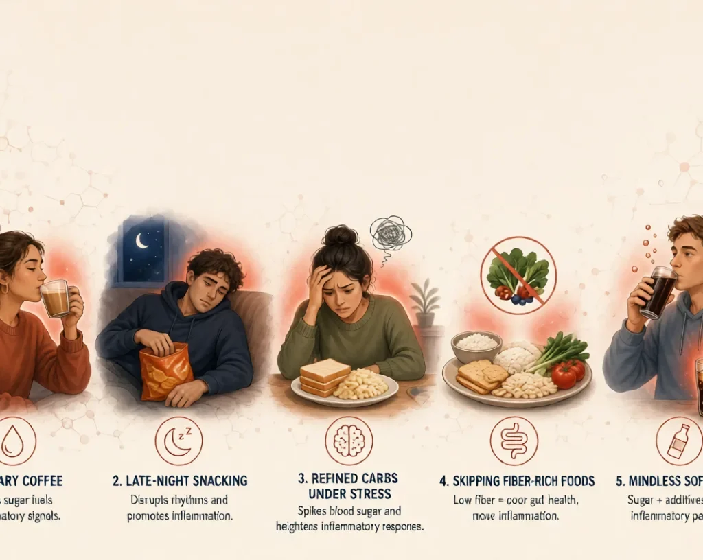 Five silent habits fueling diet-driven inflammation: sugary coffee, late-night snacking, refined carbs under stress, skipping fiber, soft drinks