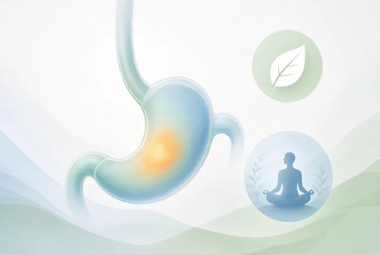 Soft blue stomach illustration with orange glow, leaf and meditation icons