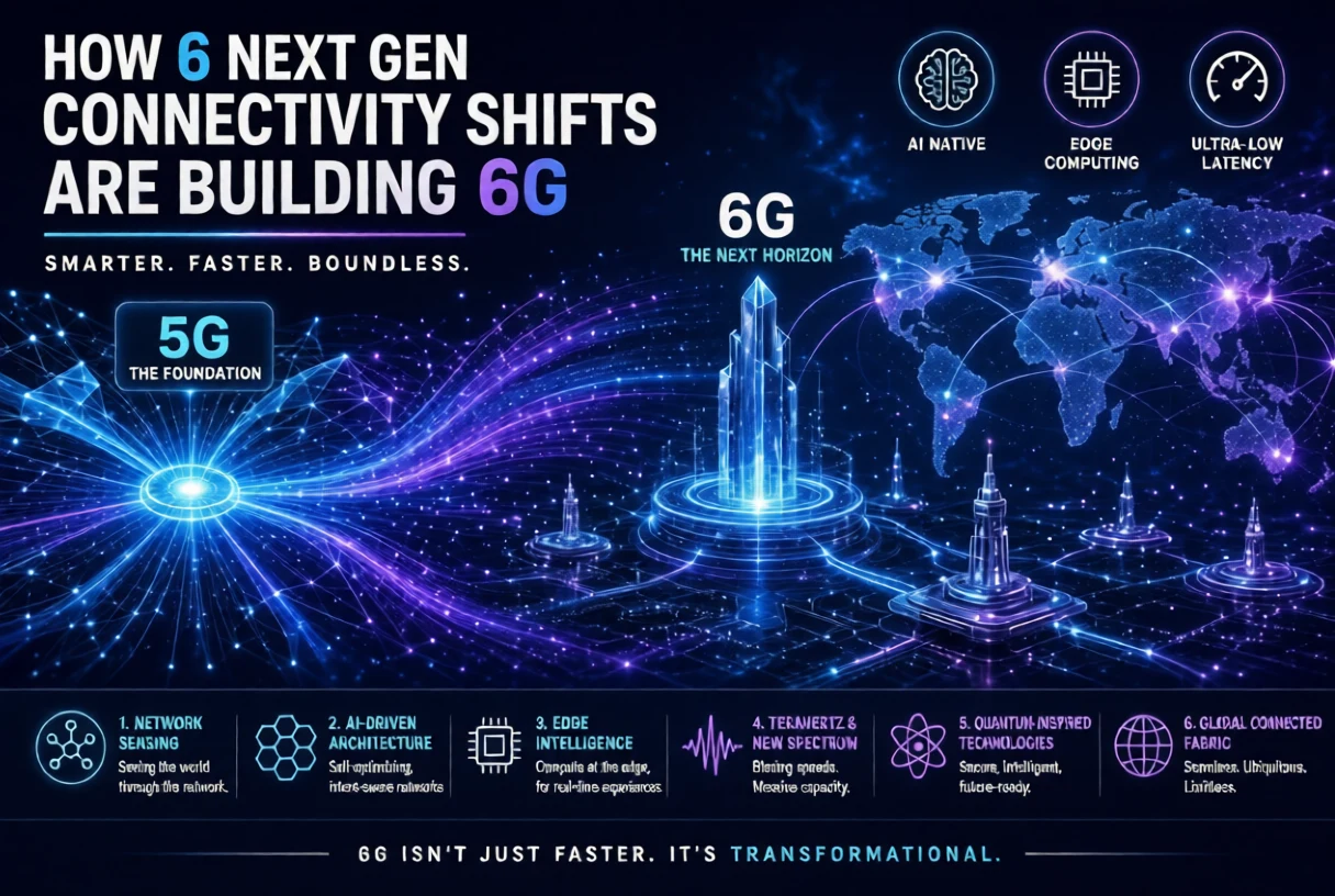 5G foundation evolving into 6G network with global map and six technology shifts