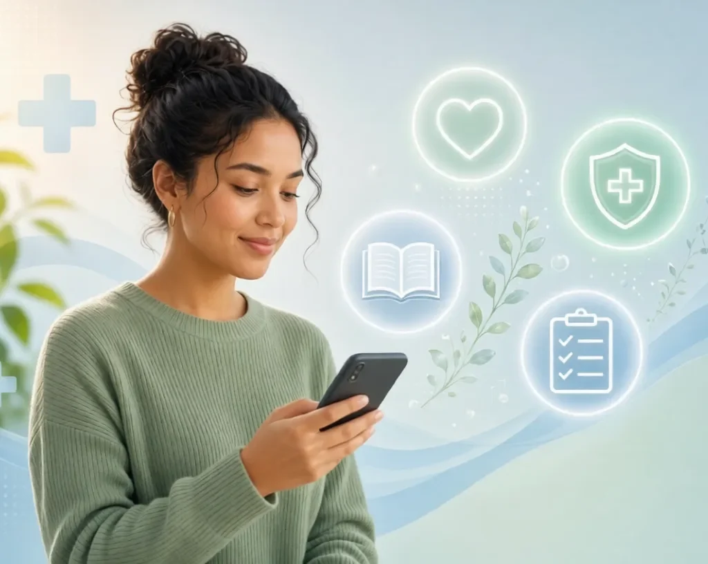 Individual  Health Literacy:Young woman smiling at smartphone with health icons