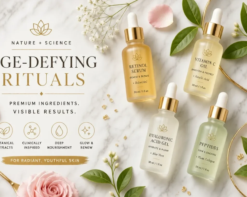 Premium Anti-Aging Ingredients serums with retinol, vitamin C, hyaluronic acid and peptides on marble