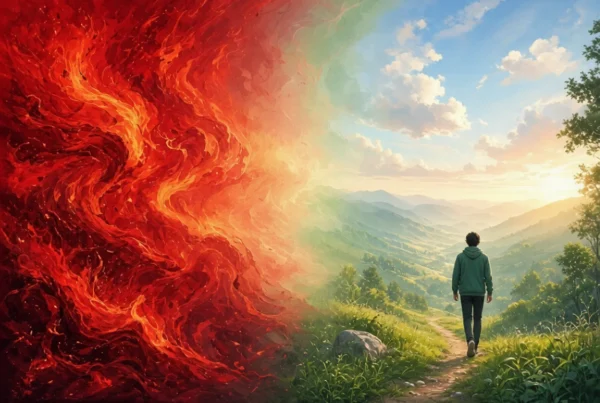 Person walking on a peaceful nature path as a fiery red storm of anger transitions into a calm green landscape under a bright sky