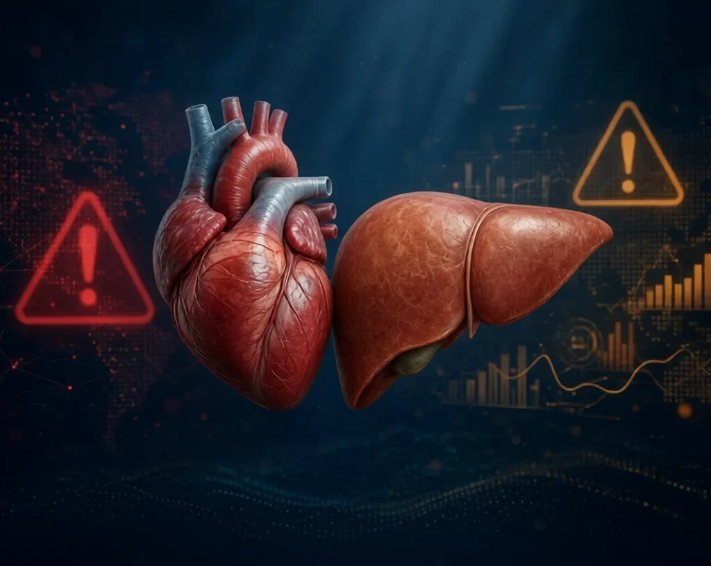 Silent Epidemic – Heart & Liver Alert:Anatomical heart and liver with warning icons and epidemic data graphics