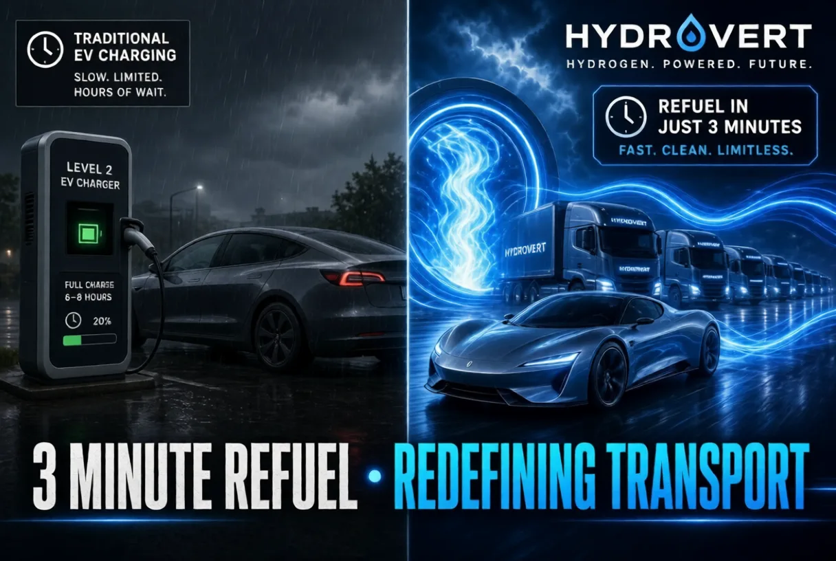 Traditional slow EV charging vs Hydrovert’s rapid 3-minute hydrogen refuel