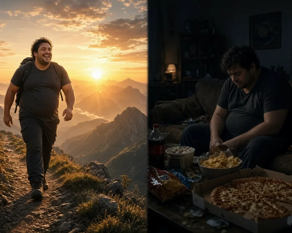 Obesity Boon or Curse:Split view of obese man hiking joyfully at sunrise versus sitting sadly with junk food