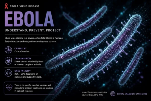 Stylized electron-micrograph view of multiple Ebola virus particles with key disease facts