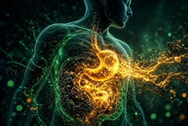 Translucent human torso with glowing chaotic gut energy flows and blocked metabolic pathways