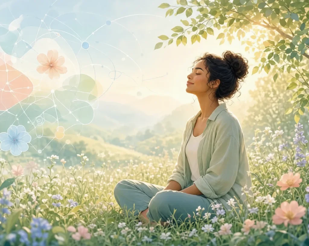 Mental Health Disorders:Woman meditating peacefully in a sunny wildflower meadow with soft neural network overlays