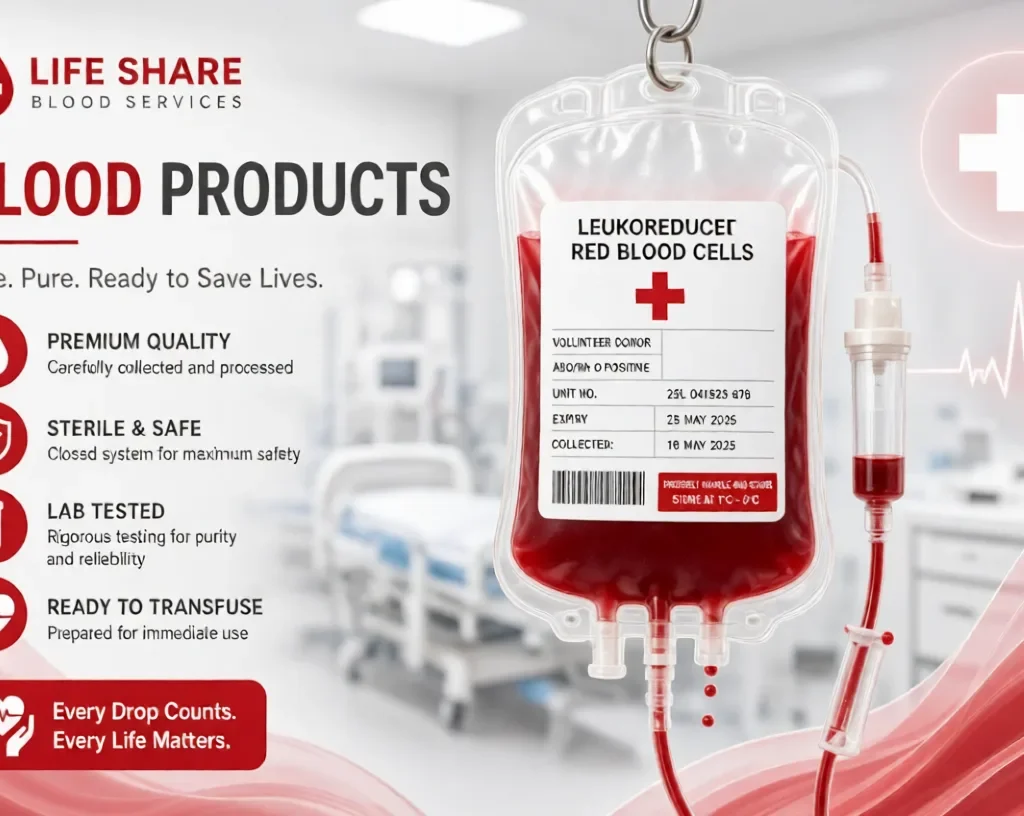Blood Products:Professional medical blood bag filled with leukoreduced red blood cells hanging in a hospital setting, labeled for transfusion, with Life Share Blood Services branding and quality highlights