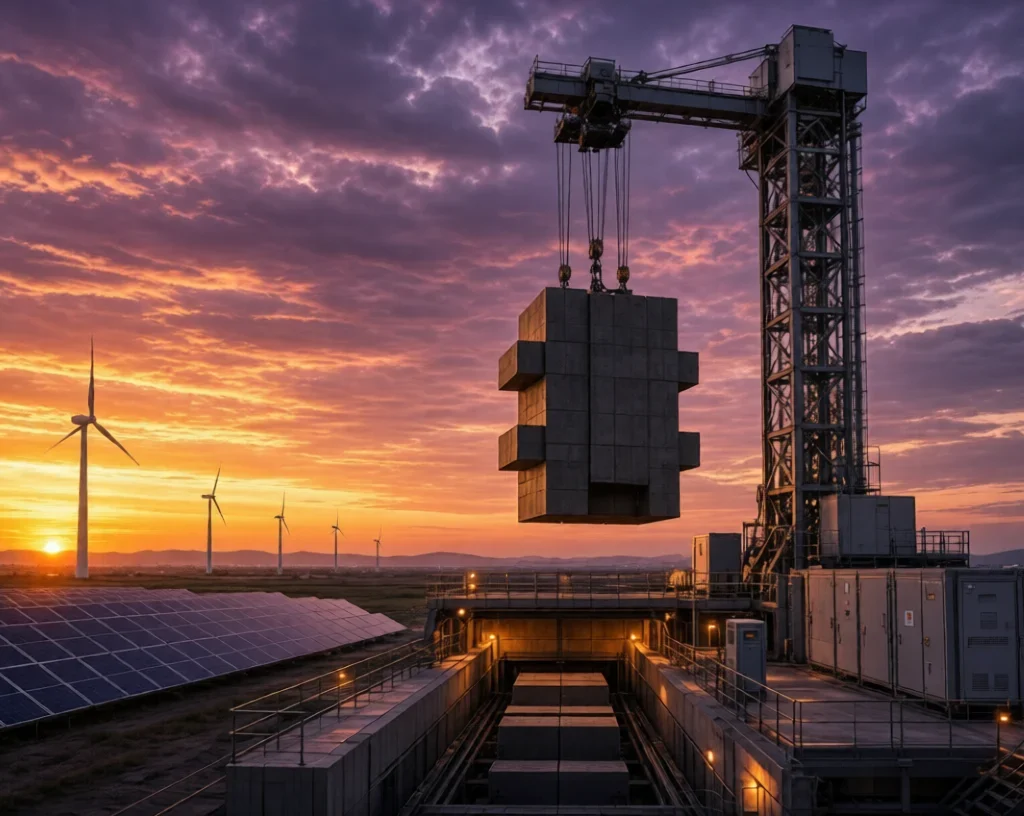 Gravity battery lifting concrete blocks at sunset with wind turbines and solar panels