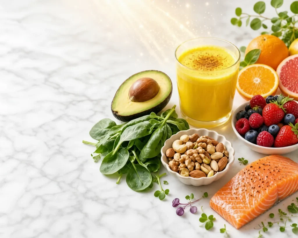 Colorful glow fooding choices with turmeric latte, avocado, berries, salmon and nuts on marble