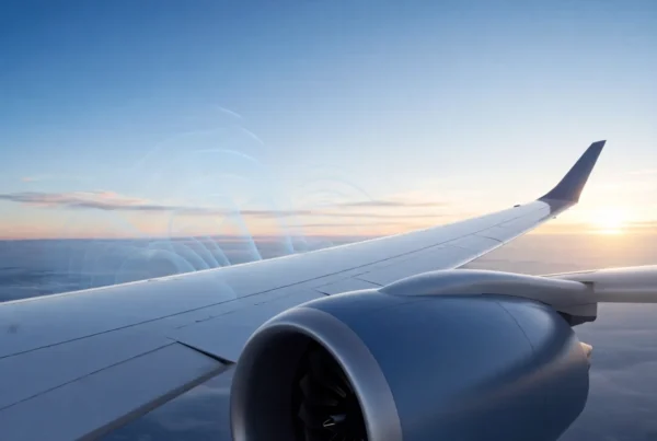 Close-up of modern Airbus wing and engine with soft blue acoustic waves fading into a clear dawn sky, symbolizing near-silent flight