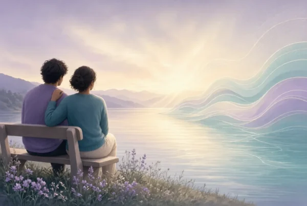 Two friends sitting supportively on a lakeside bench at sunrise with gentle abstract waves
