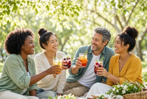 Diverse friends toasting colorful mocktails in sunny park
