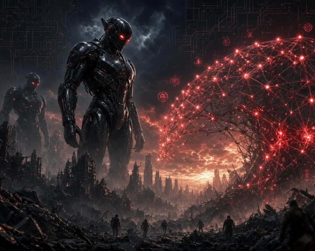 Will AI destroy humanity:Giant black robots with red eyes stand over a ruined city under a glowing red neural network dome