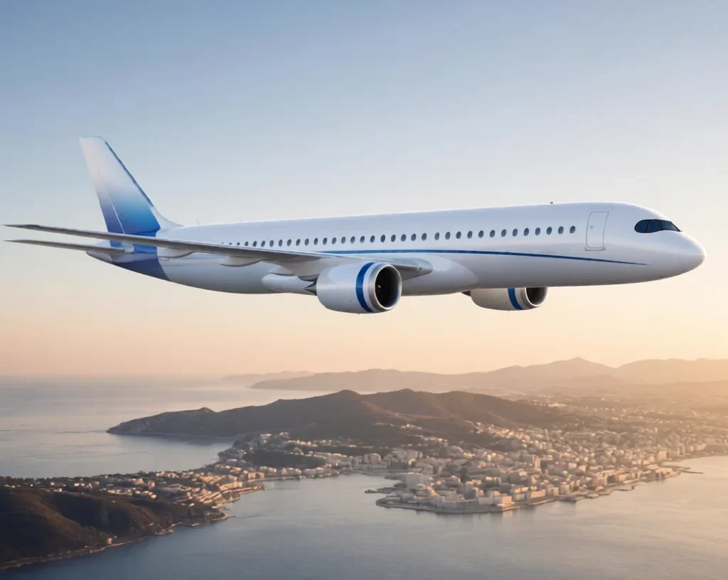 Airbus 0% Noise – Sleek white Airbus aircraft with blue accents flying silently over a coastal city at golden hour, soft sound waves fading from the engines into quiet sky