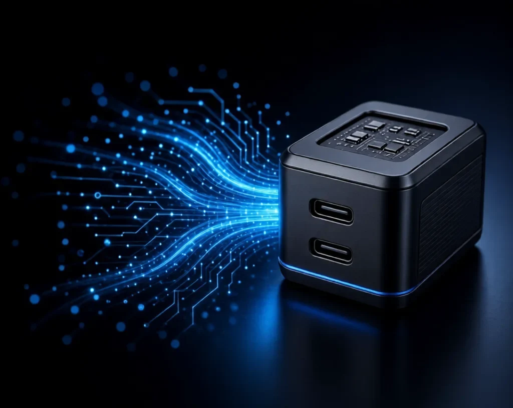 GaN Technology:Modern GaN charger with glowing blue energy flows