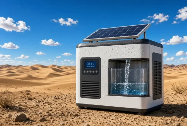 Solar-powered Aqua Harvest atmospheric water generator in a sunny desert landscape producing clean water from dry air into a transparent tank