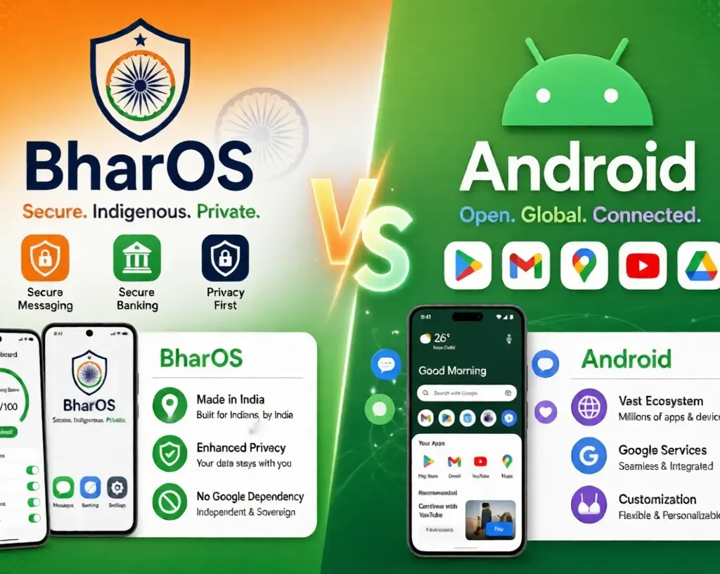 BharOS V/S Android:BharOS vs Android comparison with logos, features, and phone mockups