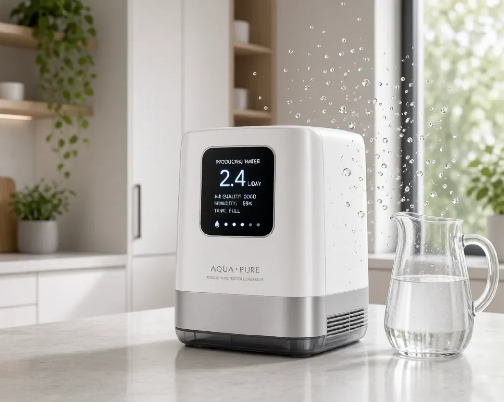 Modern white Aqua Pure atmospheric water generator on a kitchen countertop producing water from air, with digital display showing 2.4 L/day and a glass pitcher of clean water