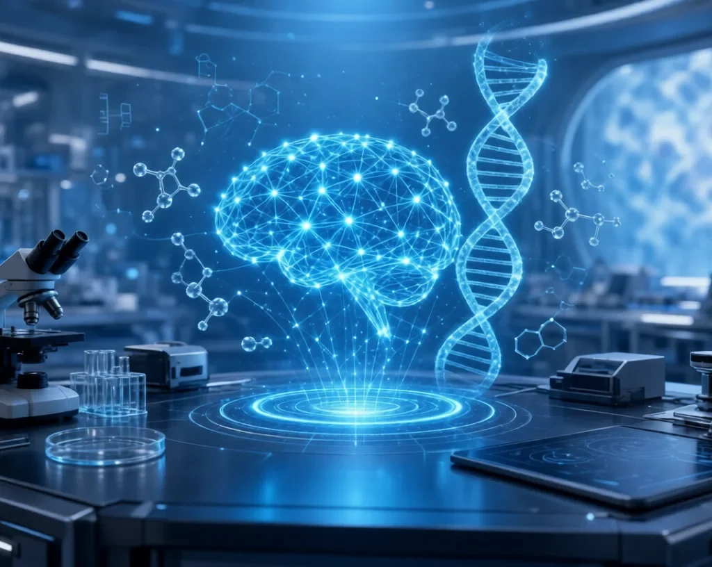 AI For Scientific Research: Holographic AI brain with DNA and lab equipment