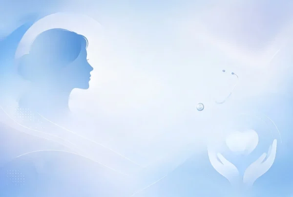 Abstract blue medical illustration featuring a woman’s silhouette, stethoscope, and protective hands holding a heart symbol